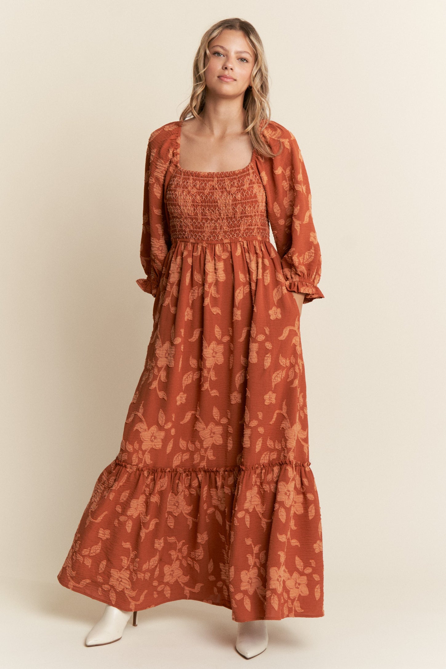 Rust Floral Print Smocked Bodice Maxi Dress