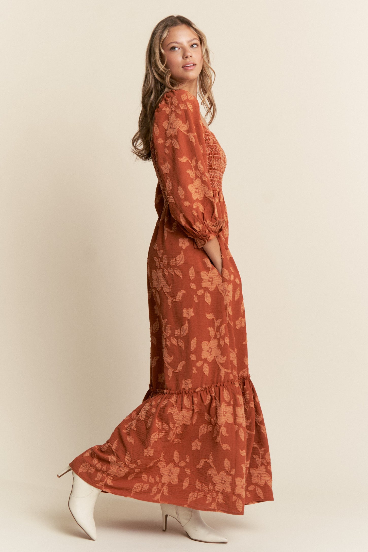 Rust Floral Print Smocked Bodice Maxi Dress