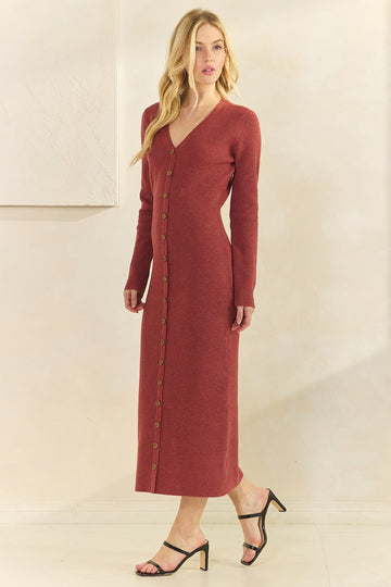 Rust Ribbed Knit Button Down Long Sleeve Midi Dress