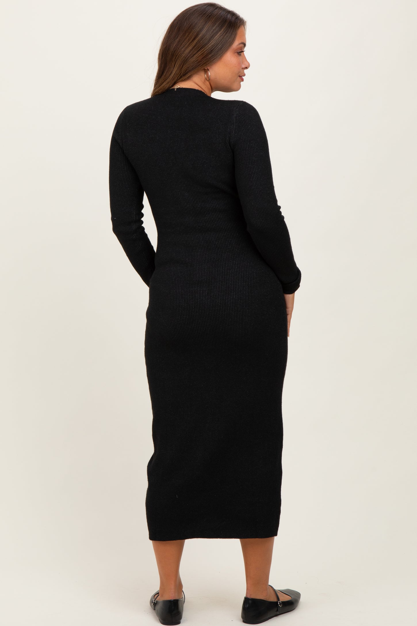 Black Ribbed Knit Button Down Long Sleeve Maternity Midi Dress