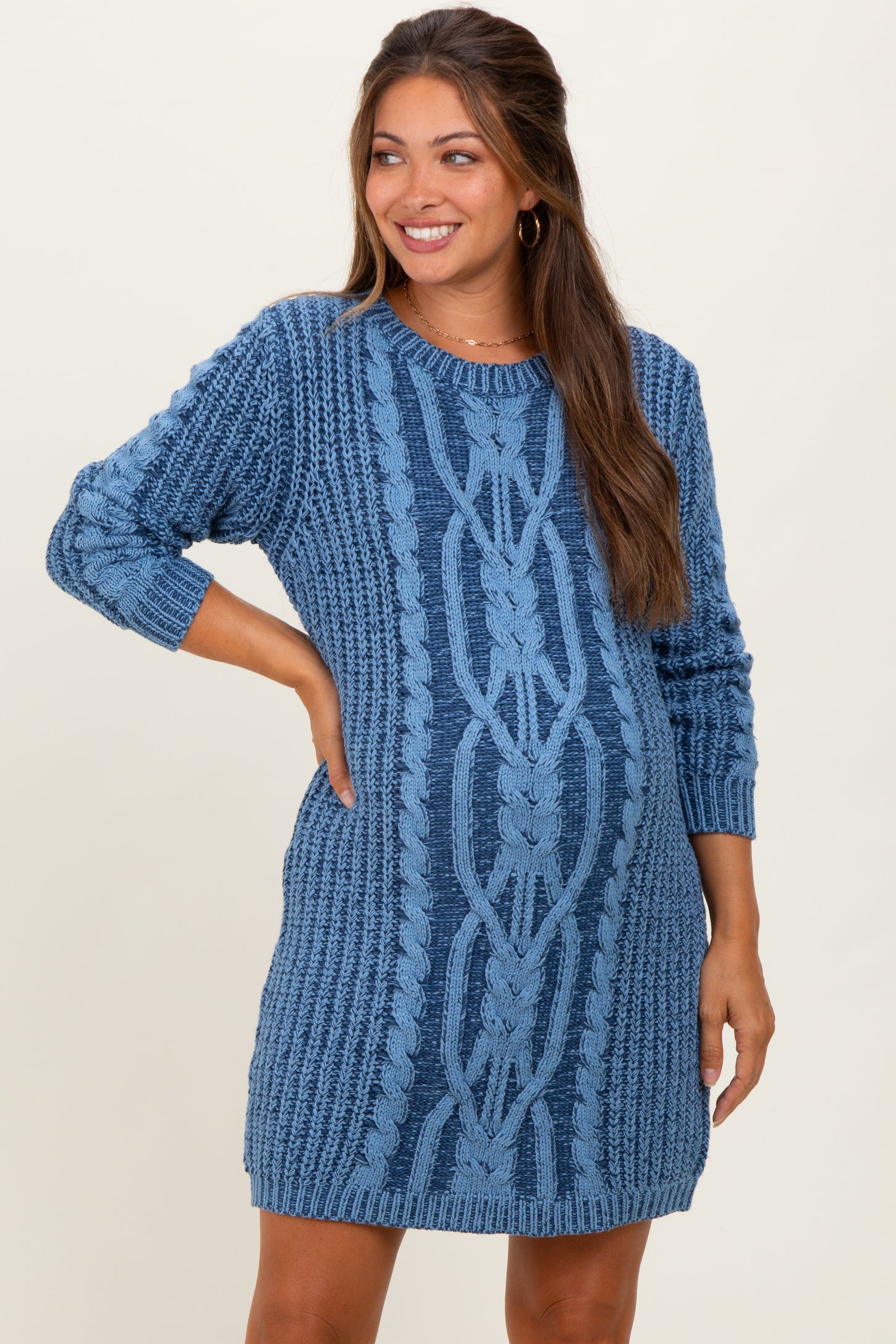 Blue Two Tone Cable Knit Maternity Mini Sweater Dress
