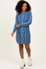 Blue Two Tone Cable Knit Maternity Mini Sweater Dress