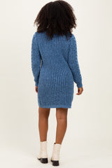 Blue Two Tone Cable Knit Mini Sweater Dress