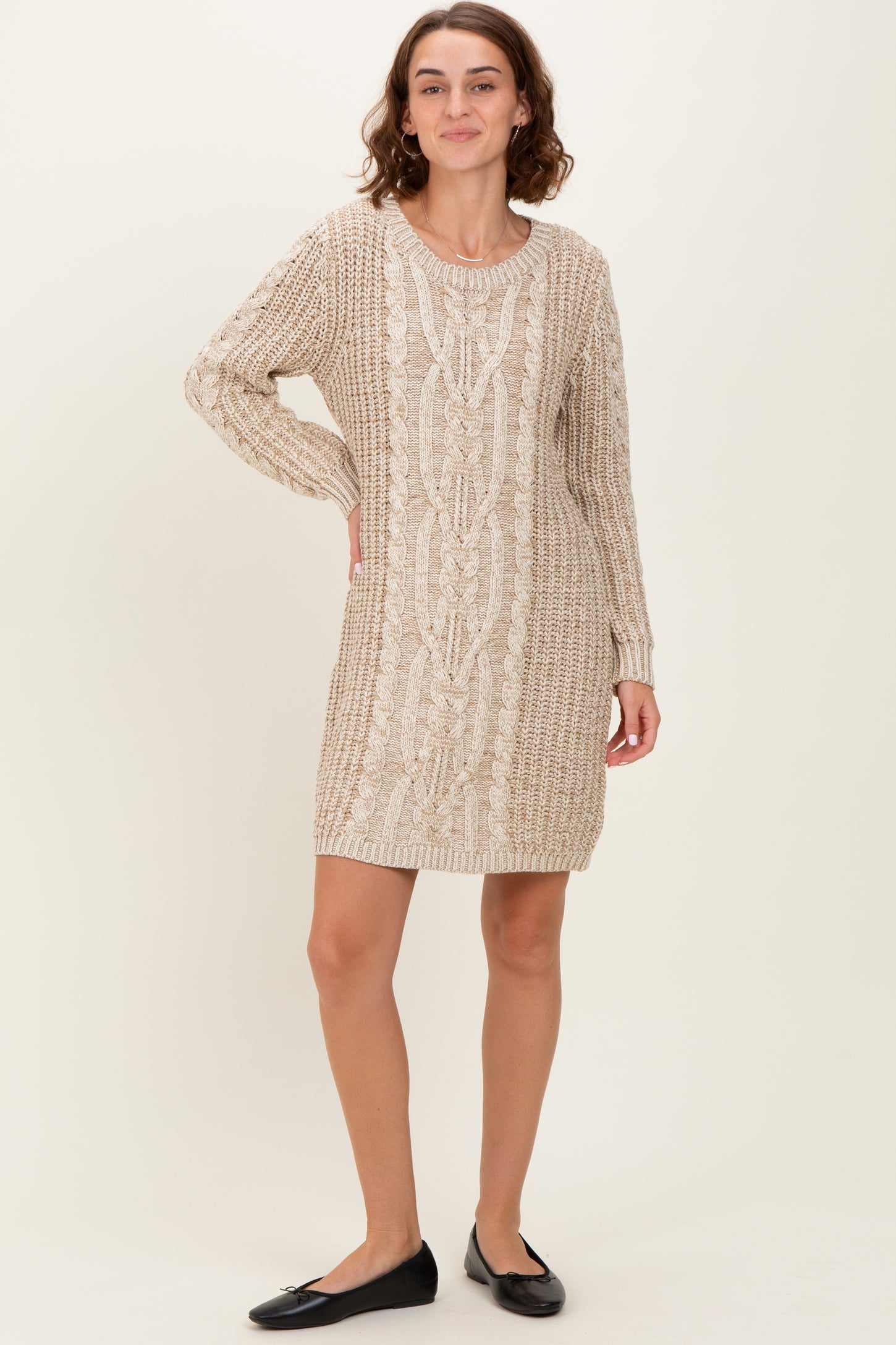 Beige Two Tone Cable Knit Mini Sweater Dress