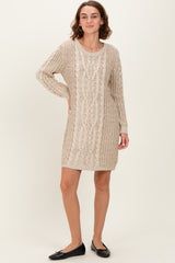 Beige Two Tone Cable Knit Mini Sweater Dress