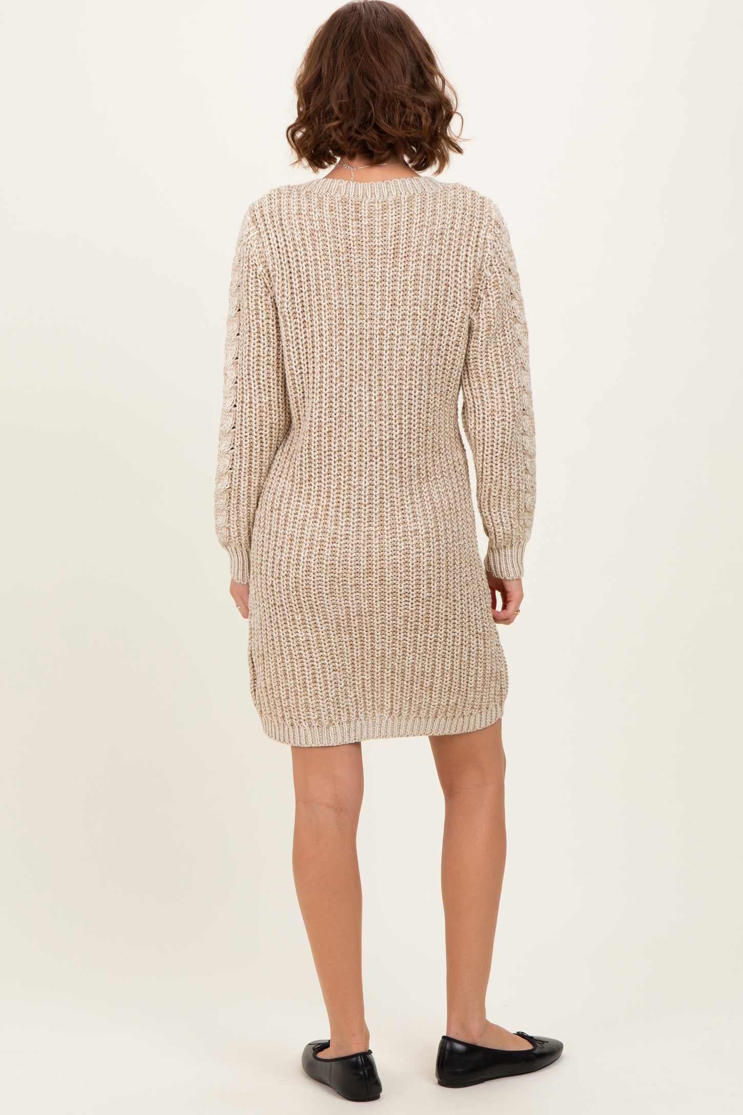 Beige Two Tone Cable Knit Mini Sweater Dress