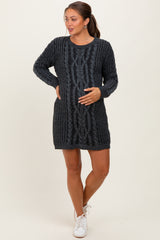Black Two Tone Cable Knit Maternity Mini Sweater Dress