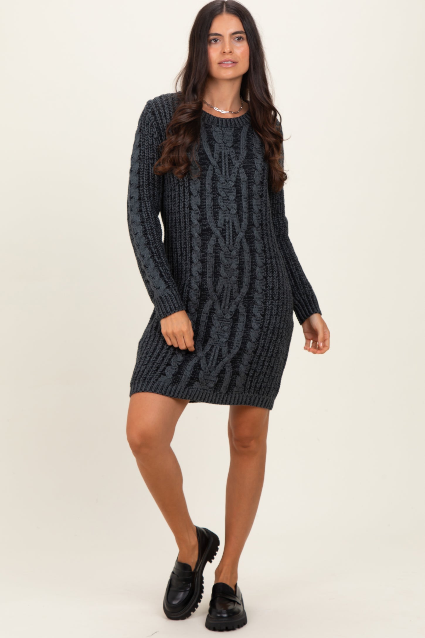 Black Two Tone Cable Knit Mini Sweater Dress