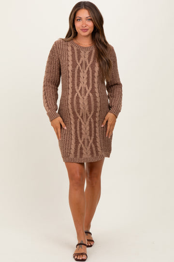 Brown Two Tone Cable Knit Maternity Mini Sweater Dress