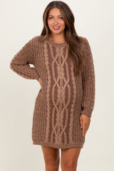 Brown Two Tone Cable Knit Maternity Mini Sweater Dress