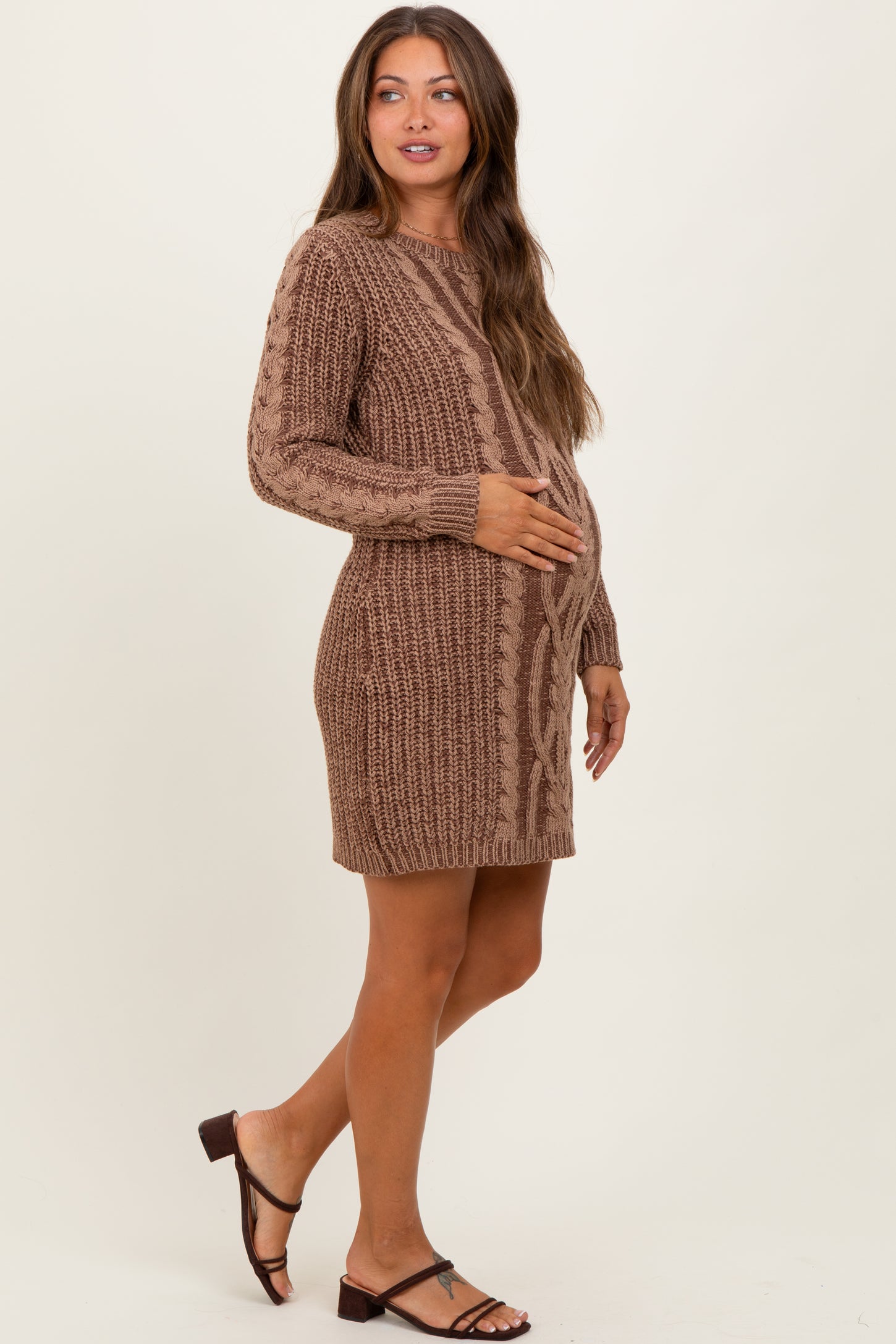 Brown Two Tone Cable Knit Maternity Mini Sweater Dress