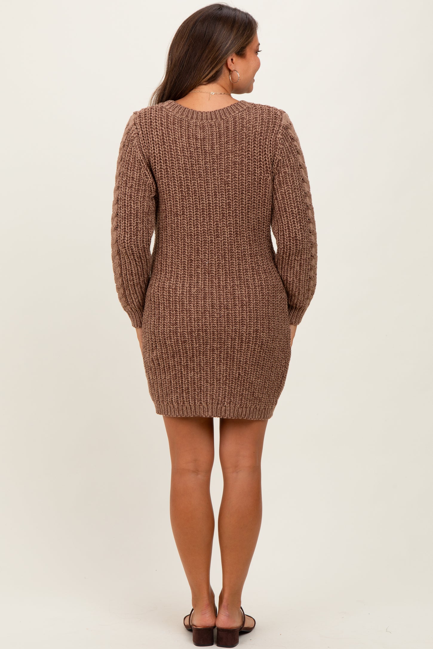Brown Two Tone Cable Knit Maternity Mini Sweater Dress