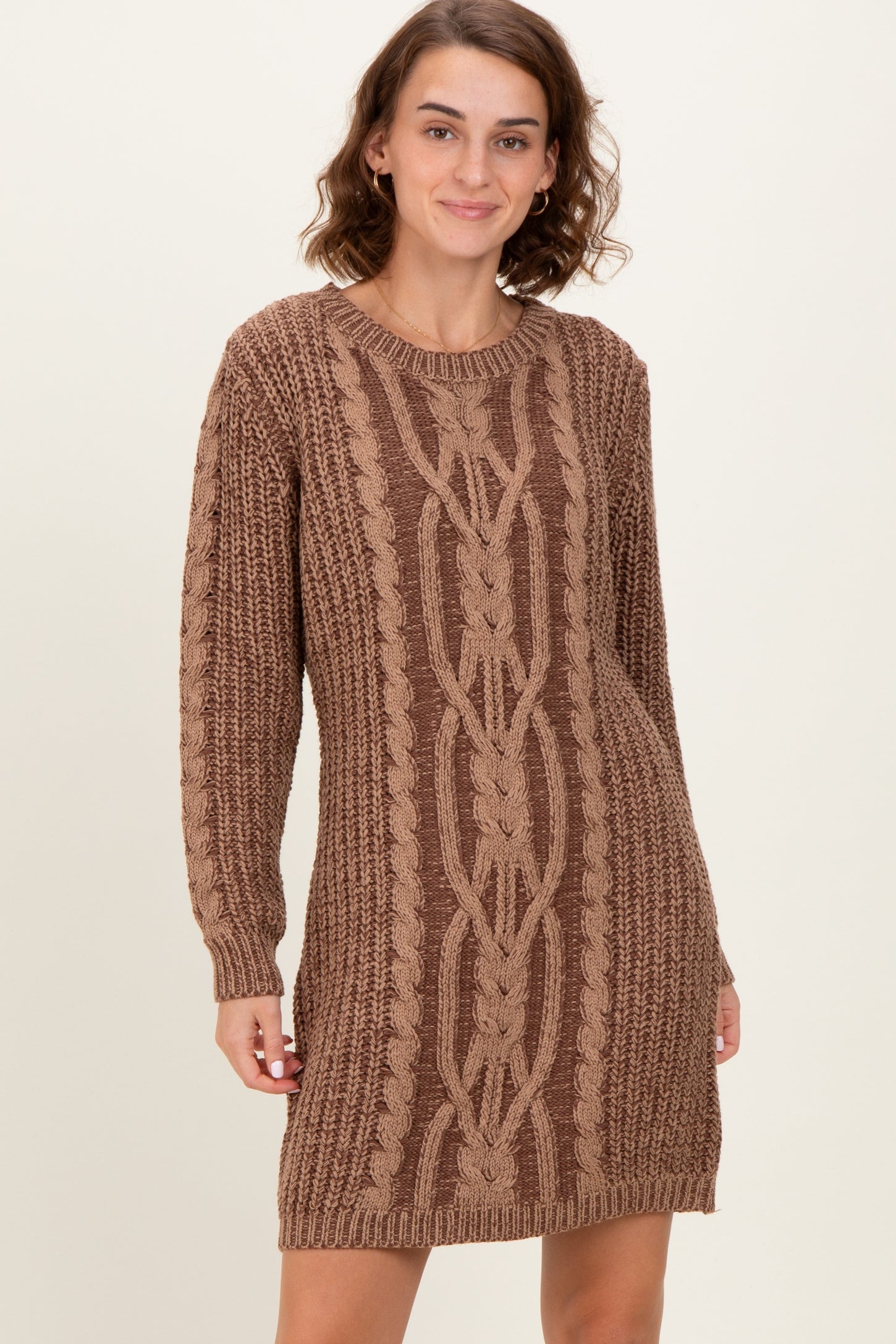 Brown Two Tone Cable Knit Maternity Mini Sweater Dress