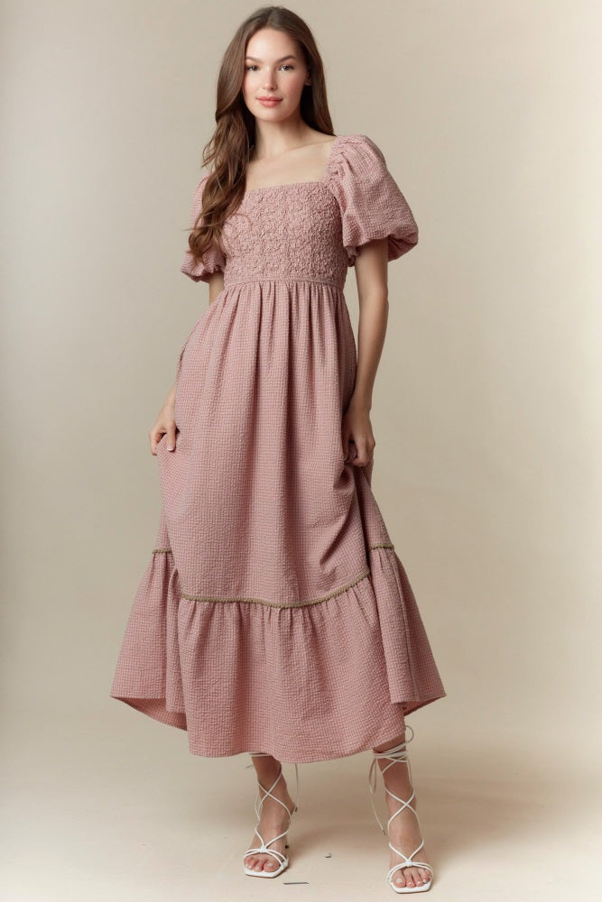 Mauve Plaid Smocked Puff Sleeve Maxi Dress