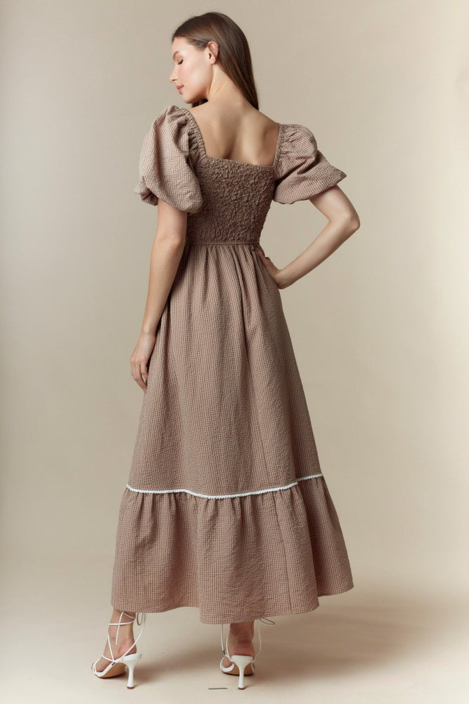 Mocha Plaid Smocked Puff Sleeve Maxi Dress