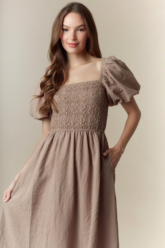 Mocha Plaid Smocked Puff Sleeve Maxi Dress