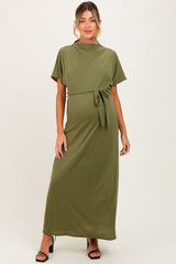 Olive Plaid Draped Neckline Sash Tie Maternity Maxi Dress