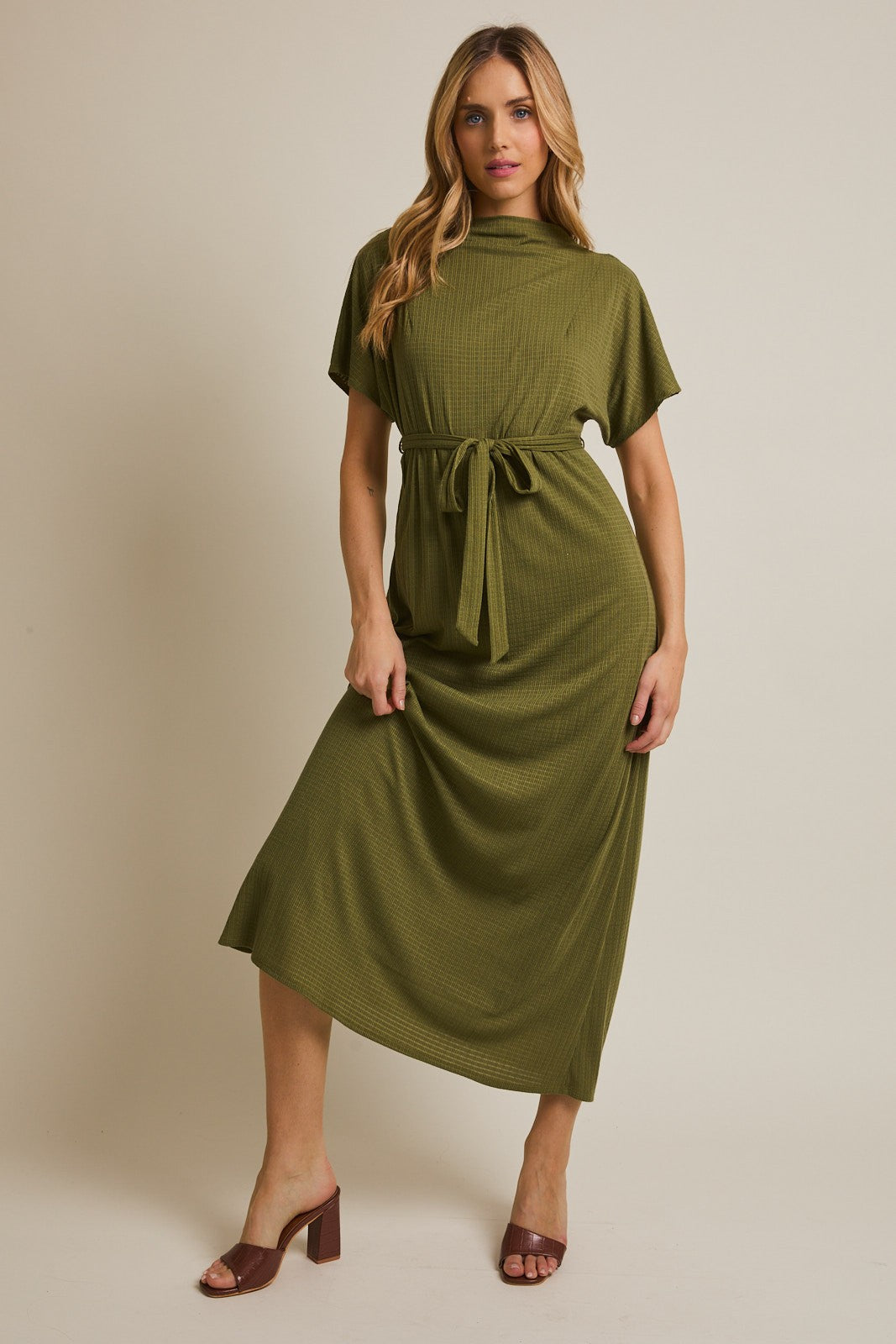Olive Plaid Draped Neckline Sash Tie Maxi Dress