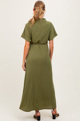 Olive Plaid Draped Neckline Sash Tie Maternity Maxi Dress