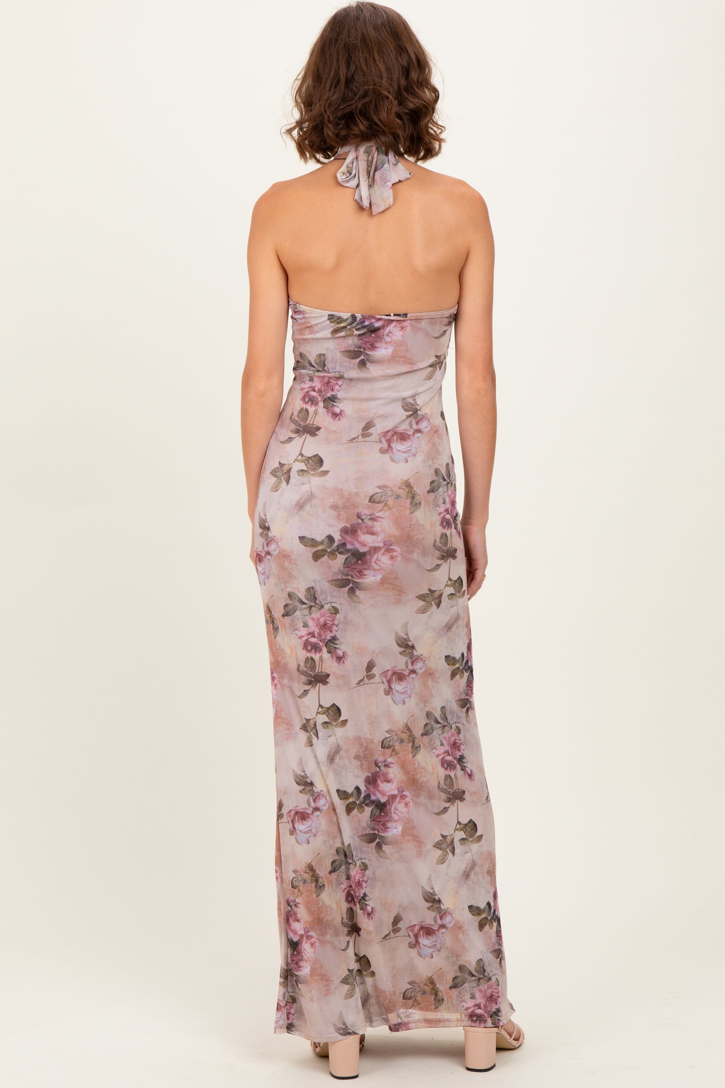 Mauve Floral Halter Cutout Maxi Dress