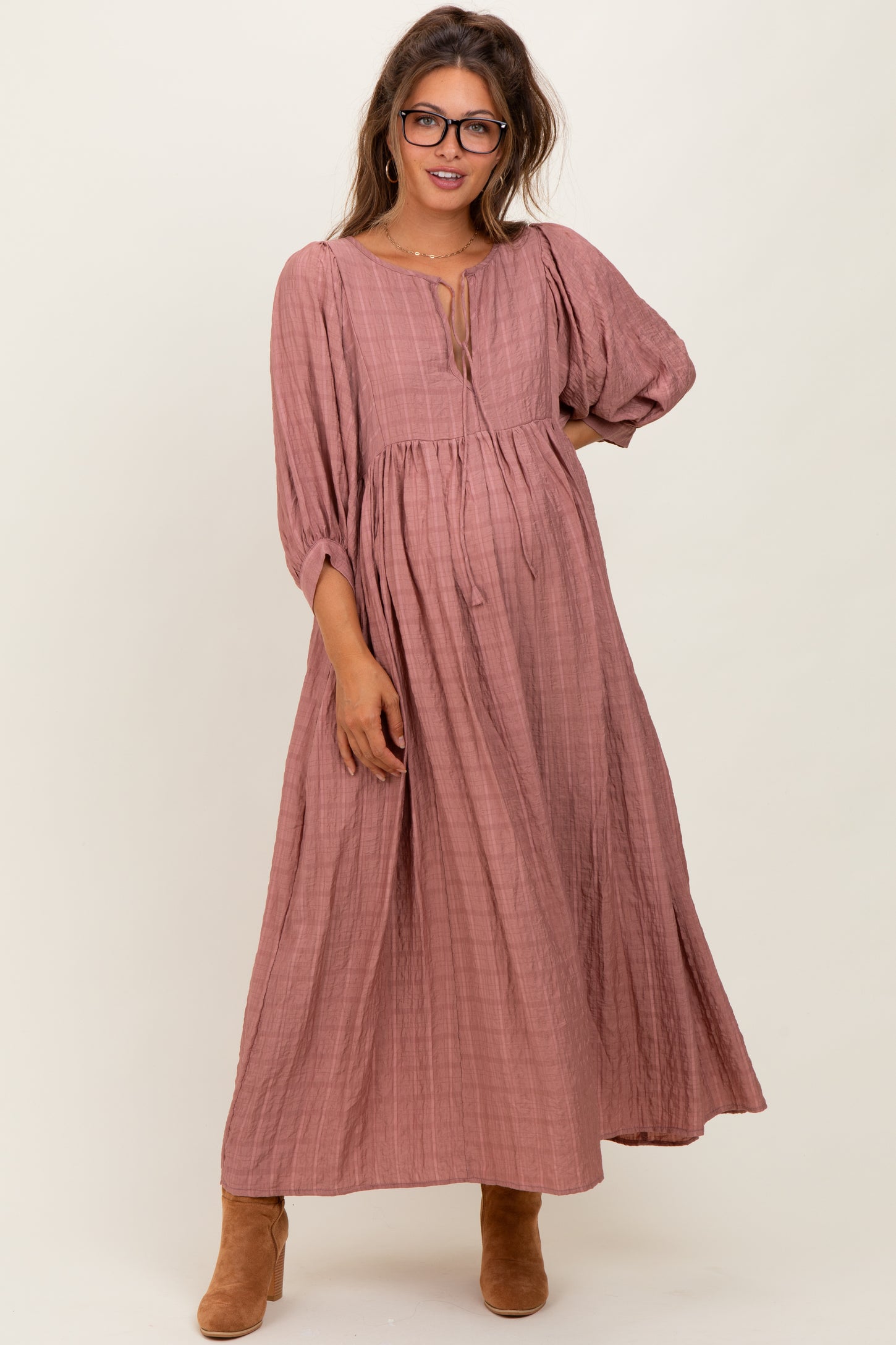 Mauve Plaid Front Tie Cutout Maternity Midi Dress