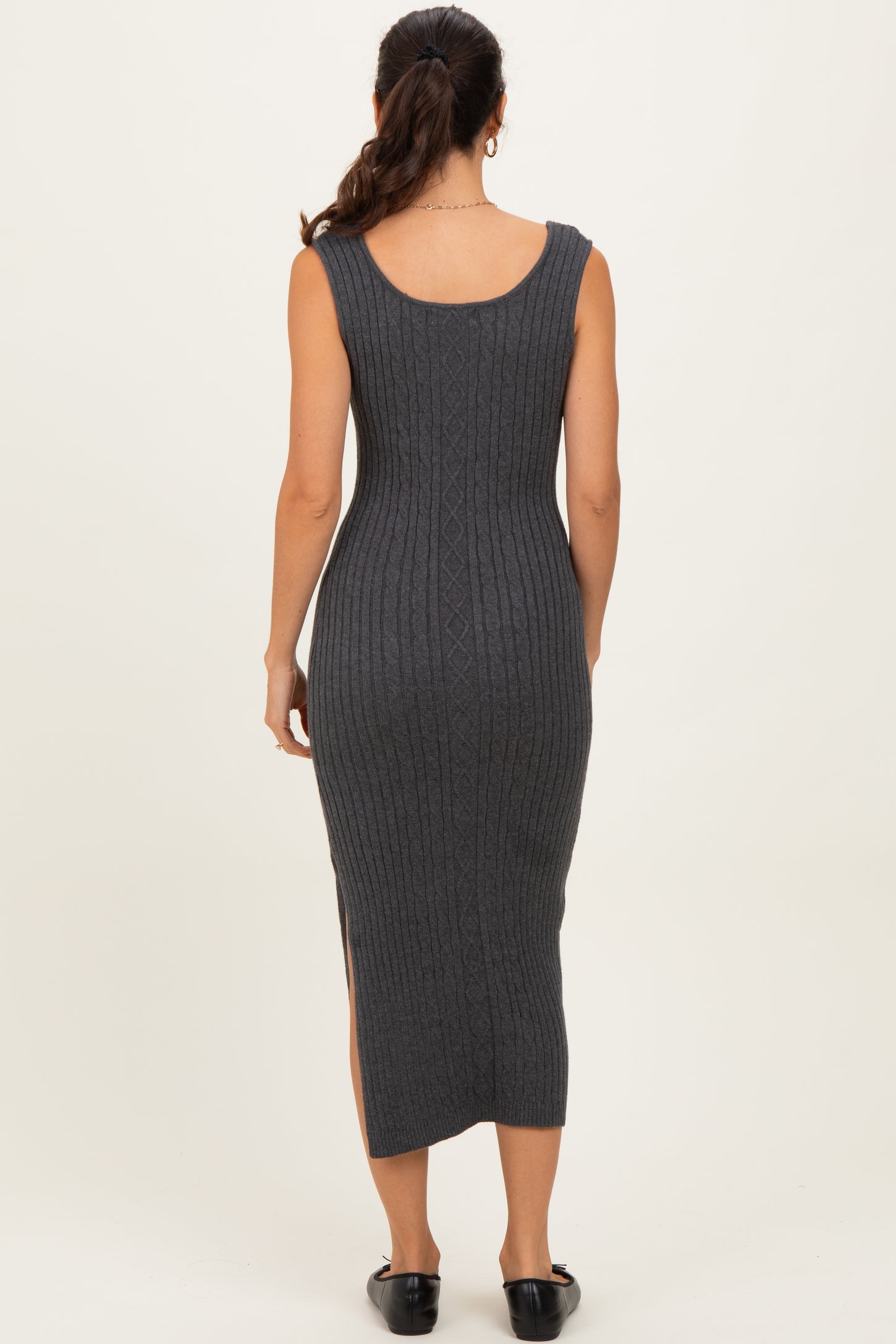 Charcoal Cable Knit Sleeveless Midi Dress