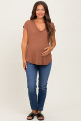 Dark Camel V-Neck Maternity Top