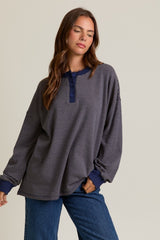 Navy Striped Oversized Button Up Pullover Top