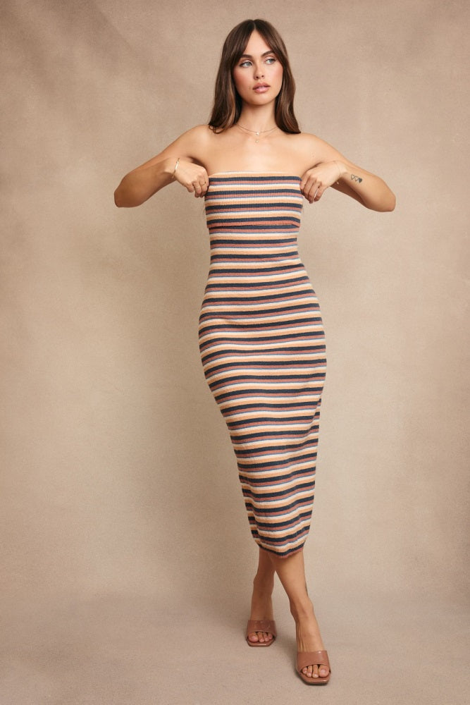 Multicolor Striped Knit Strapless Maternity Midi Dress