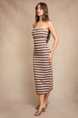 Multicolor Striped Knit Strapless Midi Dress