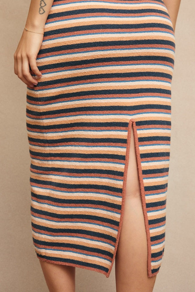 Multicolor Striped Knit Strapless Midi Dress