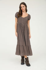 Brown Plaid Puff Sleeve Button Down Maternity Maxi Dress