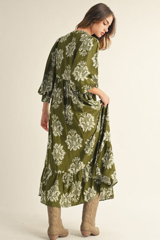 Olive Floral V-Neck 3/4 Sleeve Midi Dress