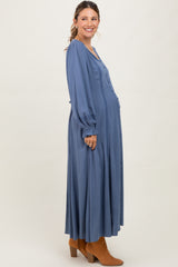 Blue Lace Detail Button Down Maternity Maxi Dress