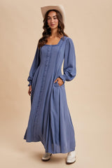Blue Lace Detail Button Down Maxi Dress