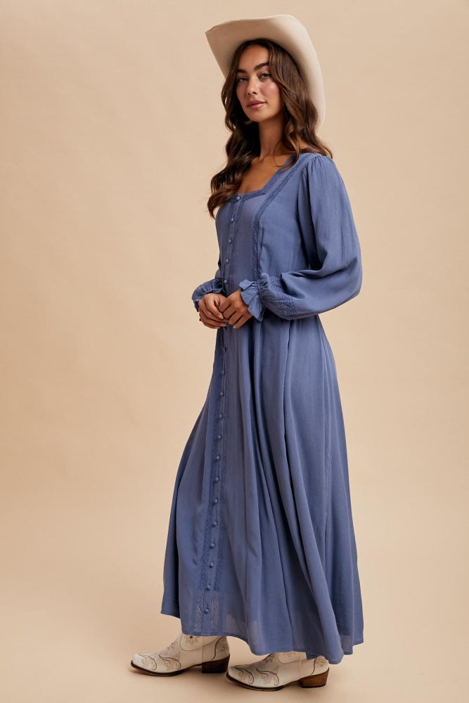Blue Lace Detail Button Down Maxi Dress