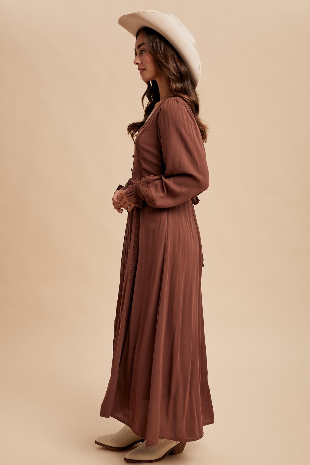 Brown Lace Detail Button Down Maxi Dress