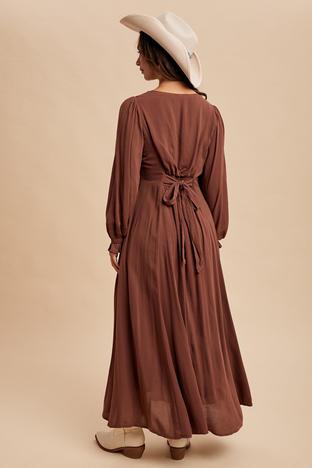 Brown Lace Detail Button Down Maxi Dress