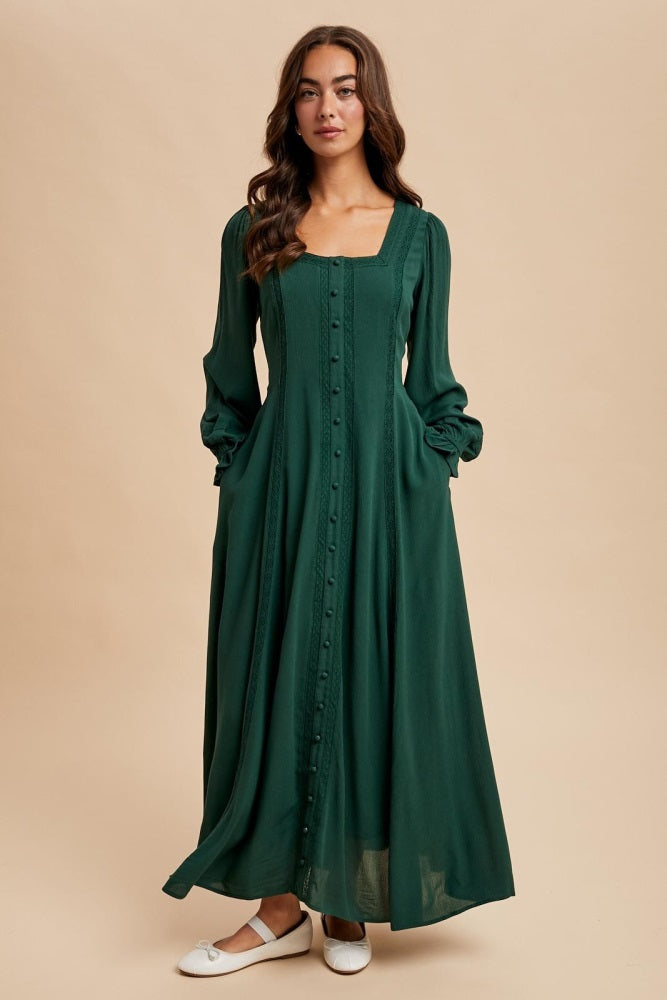 Forest Green Lace Detail Button Down Maxi Dress