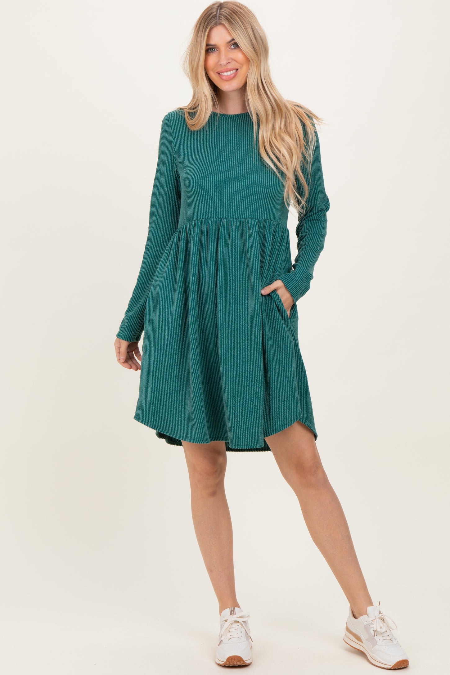 Forest Green Textured Rib Long Sleeve Dress