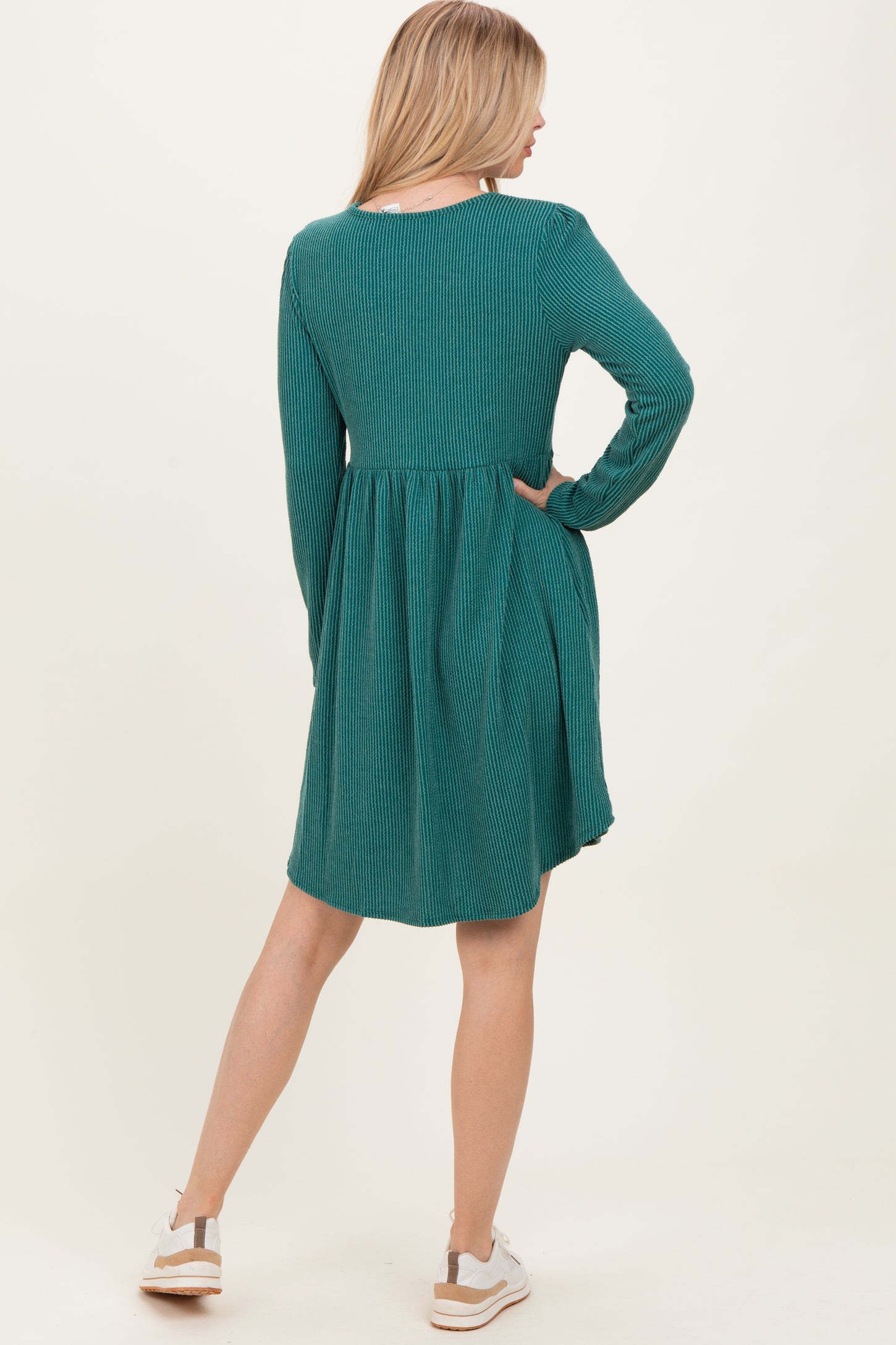 Forest Green Textured Rib Long Sleeve Dress