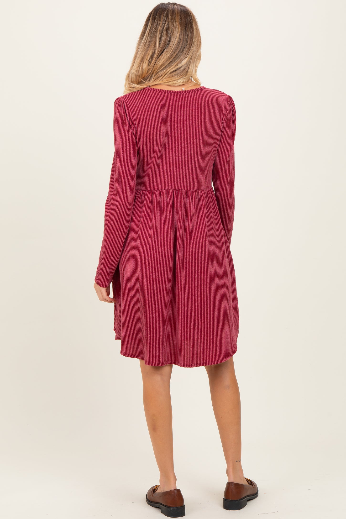 Dark Red Textured Rib Long Sleeve Maternity Dress