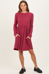 Dark Red Textured Rib Long Sleeve Dress