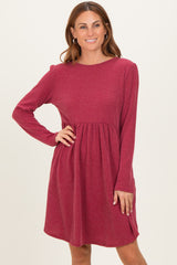 Dark Red Textured Rib Long Sleeve Dress