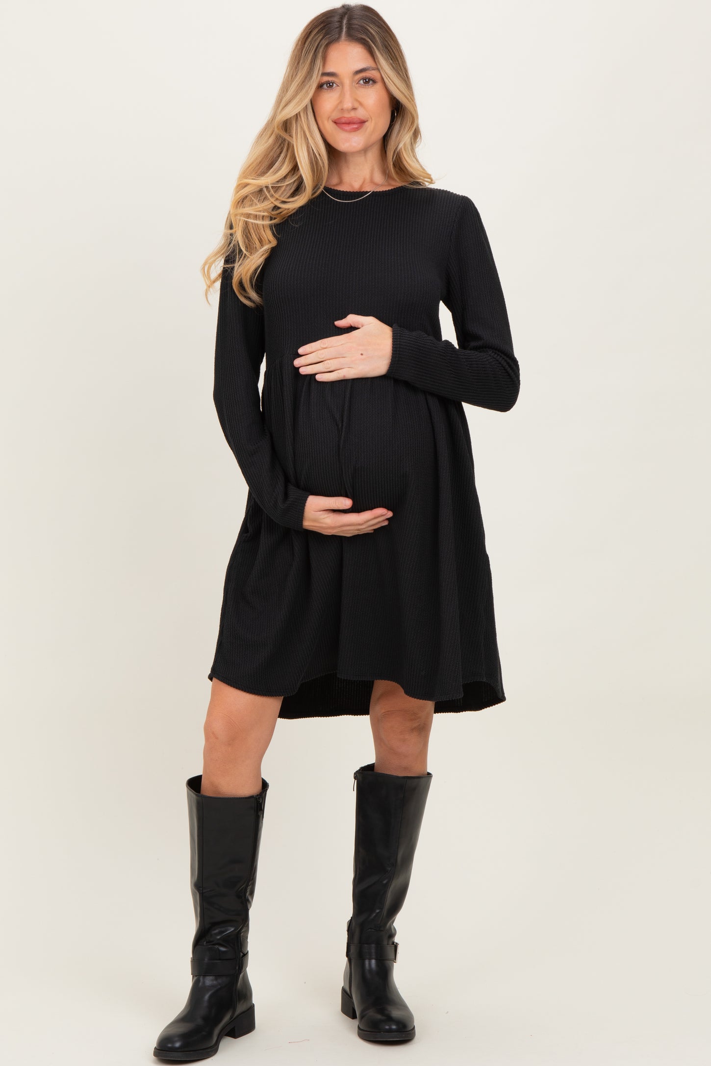 Black Textured Rib Long Sleeve Maternity Dress – PinkBlush