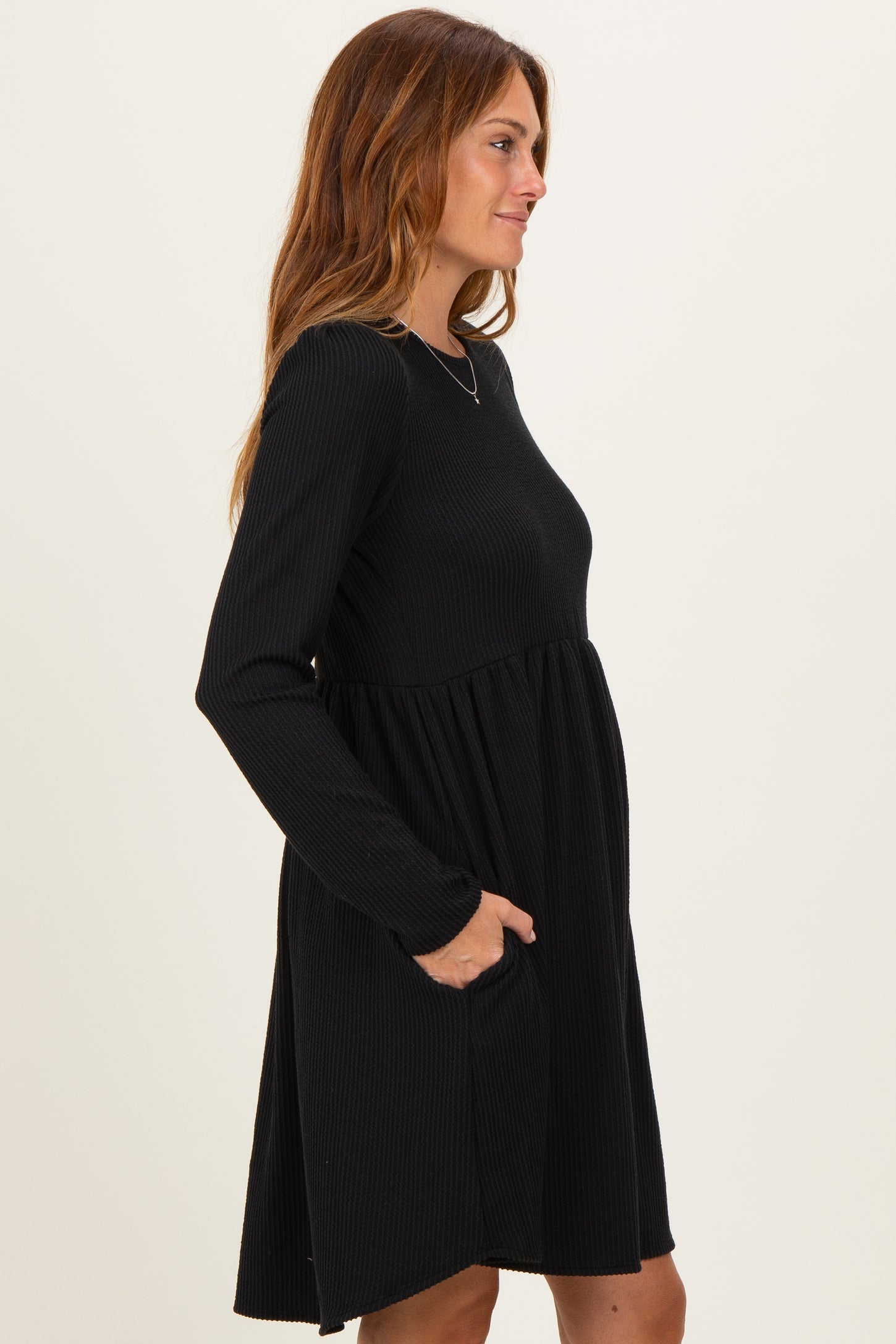 Black Textured Rib Long Sleeve Dress