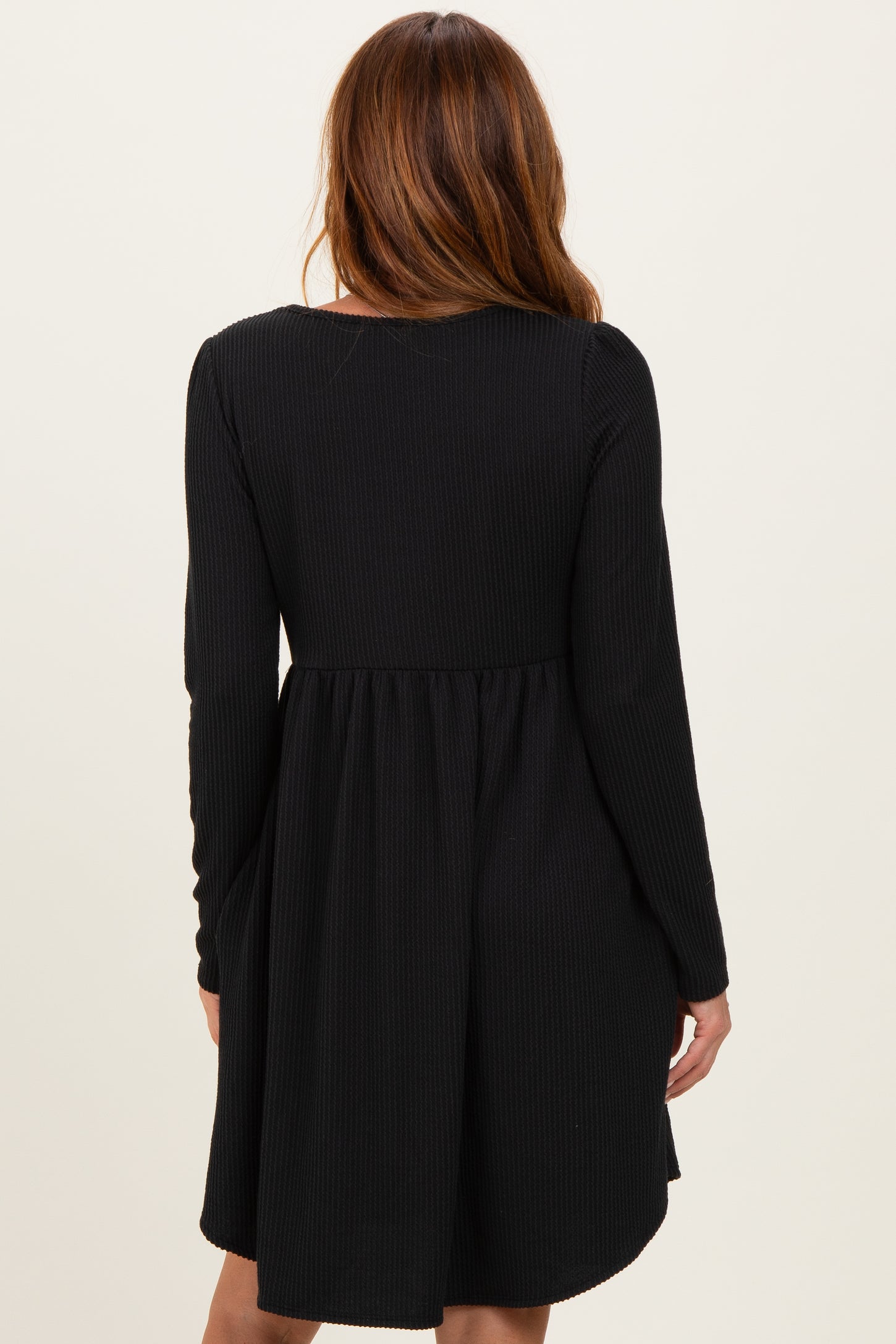 Black Textured Rib Long Sleeve Dress