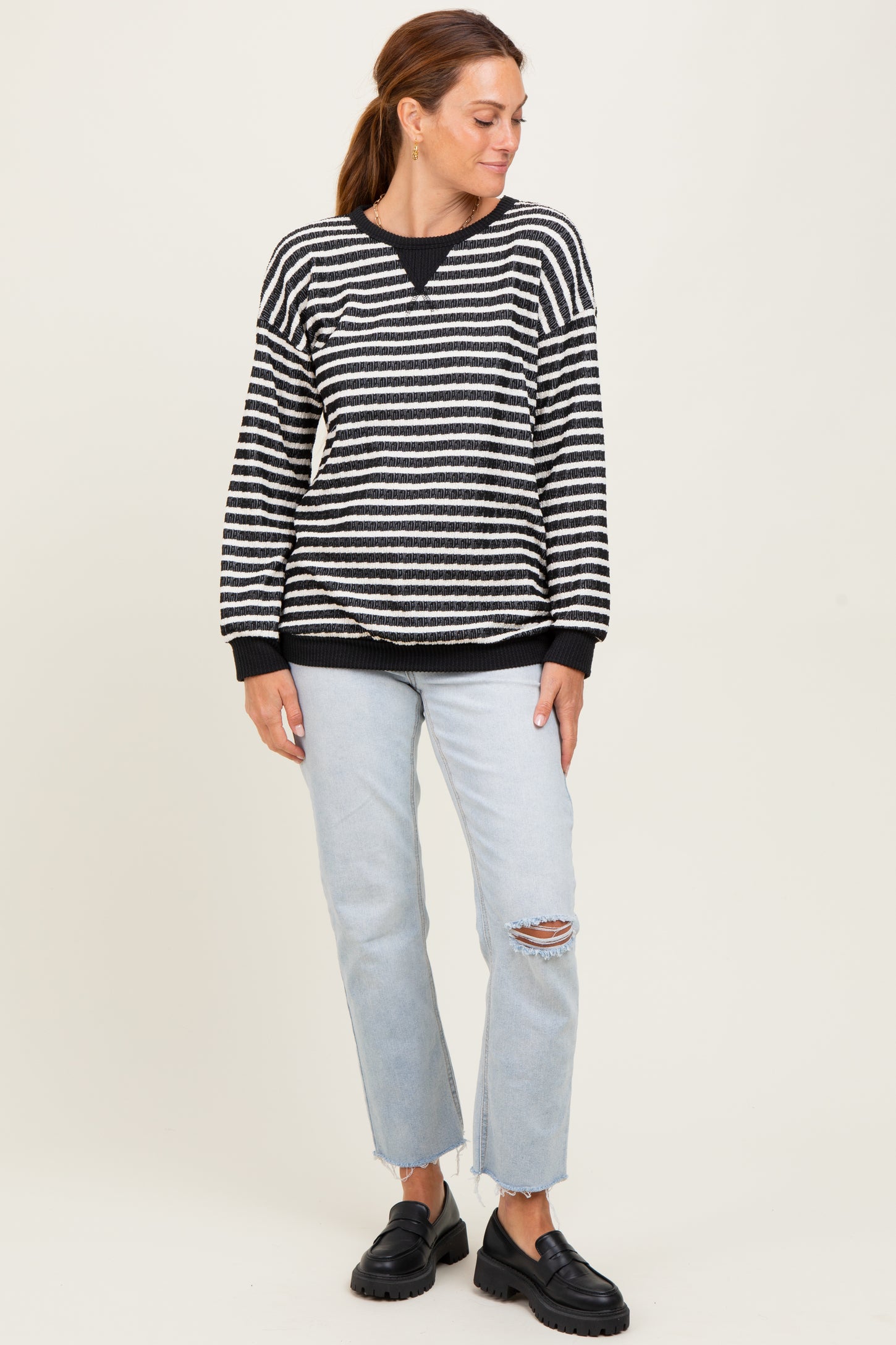 Black Contrast Rib Long Sleeve Pullover Top