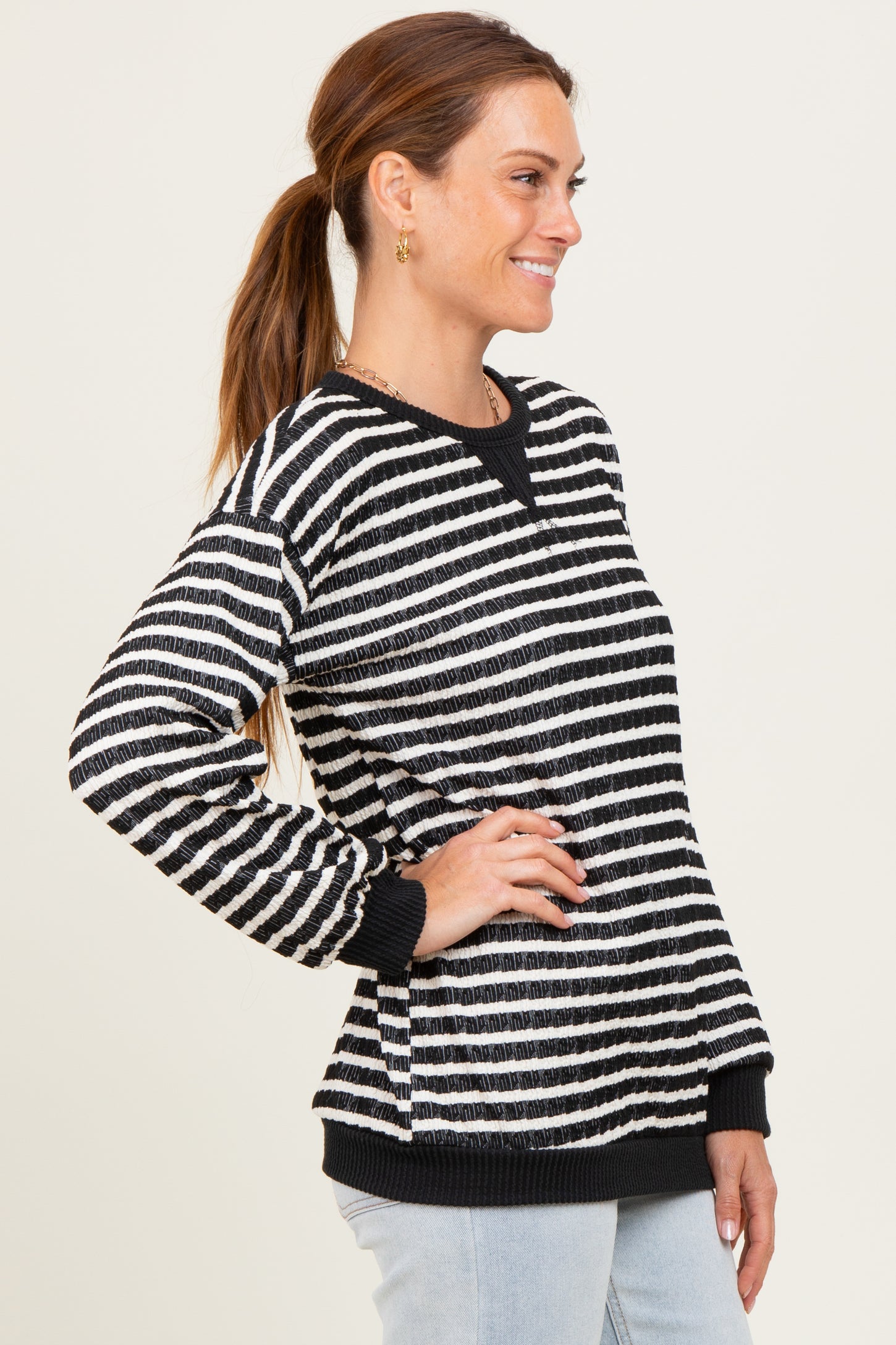 Black Contrast Rib Long Sleeve Pullover Top