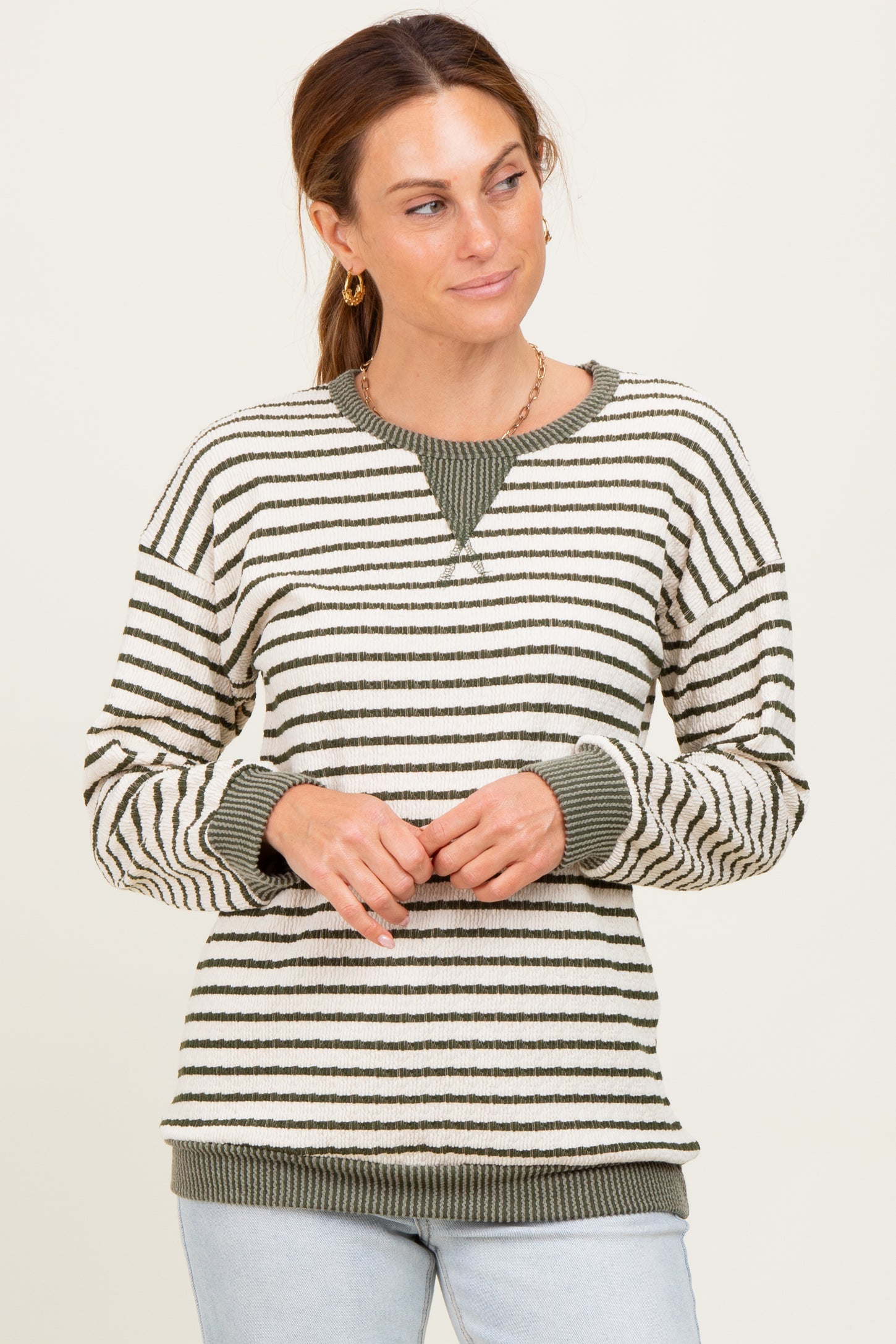 Olive Contrast Rib Long Sleeve Maternity Pullover Top
